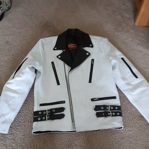 men's size 42 British Style 2 Tone Leather Biker Jacket- WHITE/BLACK